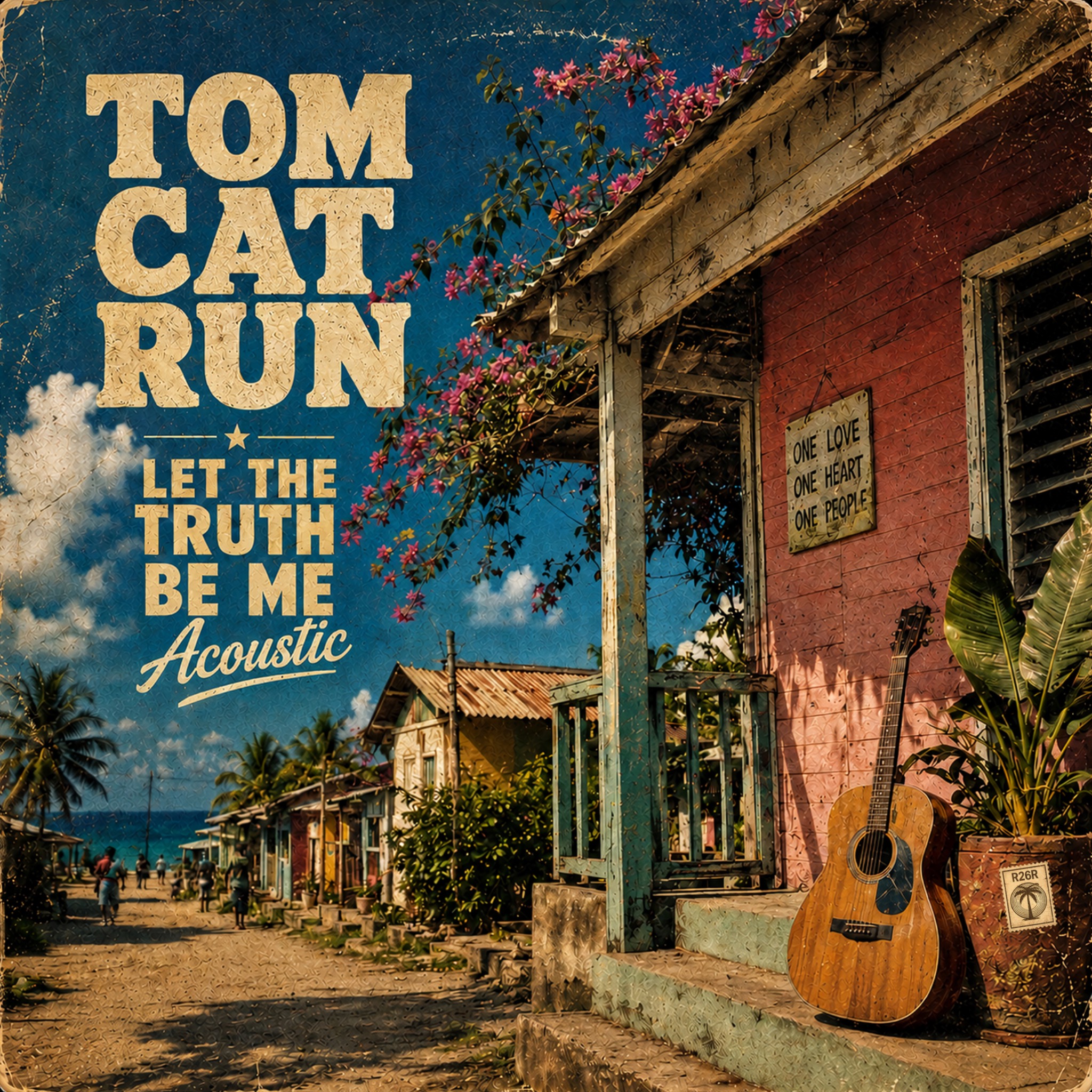 Tom Cat Run Let the Truth Be Me Acoustic artwork featuring an acoustic guitar outside a tropical island house.